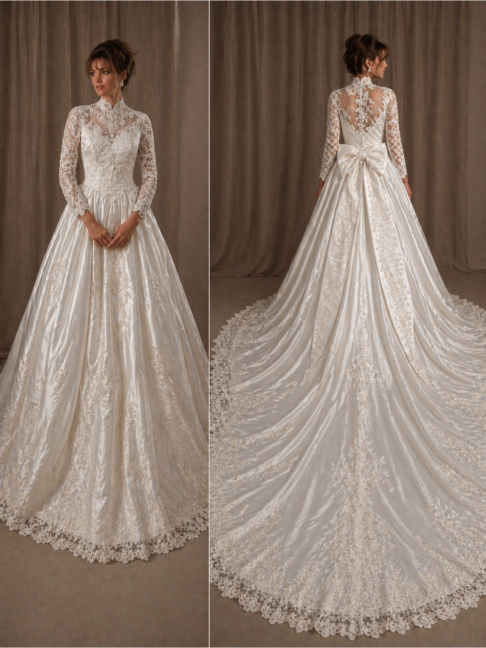 “I” Vintage Mori Lee Ivory Lace High-Neck Ball Gown with Long Sleeves and train